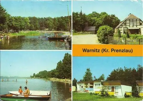 [Echtfotokarte farbig] AK Warnitz Prenzlau Mehrbild See Freibad Bungalows Farbfoto 1983 DDR. 
