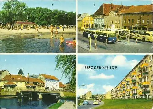 [Echtfotokarte farbig] AK Ueckermünde Mehrbild Autos + Omnibusse Farbfoto 1980 DDR Sondermarke. 