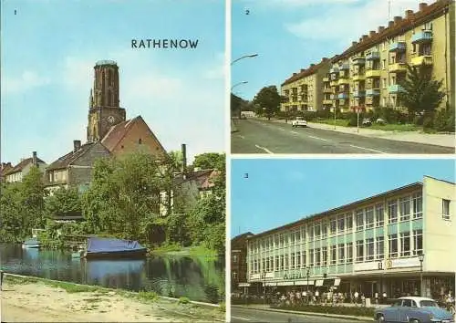 [Echtfotokarte farbig] AK Rathenow Mehrbild Kaufhaus Magnet Auto Farbfoto DDR 1975. 