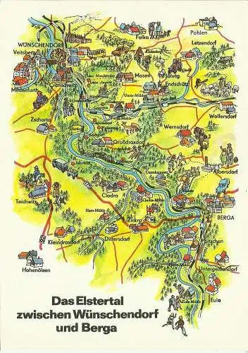 [Echtfotokarte farbig] AK Landkarte Elstertal Wünschendorf - Berga DDR 1987. 