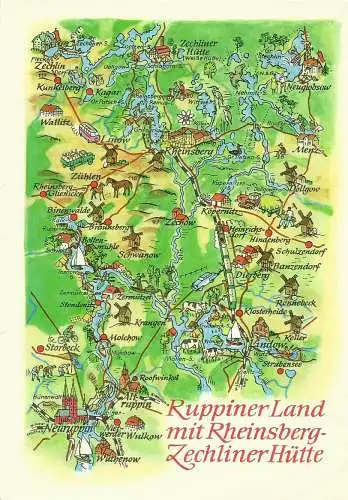 [Echtfotokarte farbig] AK Landkarte Ruppiner Land mit Rheinsberg / Zechliner Hütte  DDR 1980. 