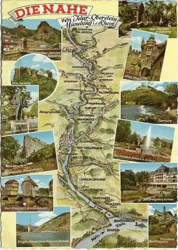 [Echtfotokarte farbig] AK Landkarte Nahe Bingen Idar-Oberstein Farbfoto 1964. 