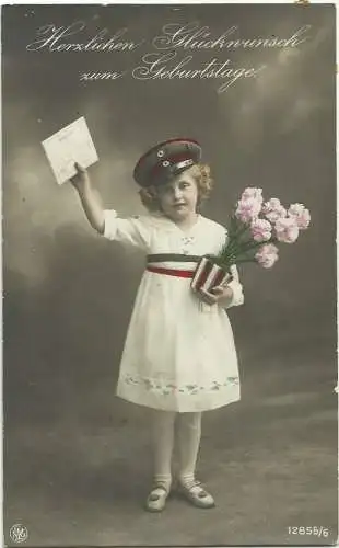 [Glückwunschkarte] AK Geburtstag Mädchen als Postbote mit Mütze color. 