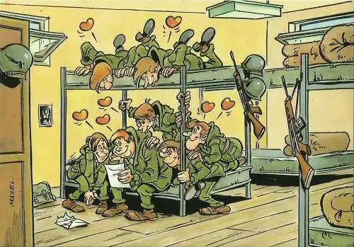 [Echtfotokarte farbig] AK Bundeswehr Soldaten auf Stube Humor Kitsch sign. Jean-Pol, Maezelle. 