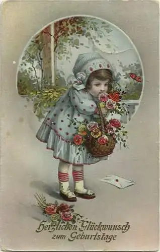 [Glückwunschkarte] AK Geburtstag Mädchen mit Blumenkorb Brief color 1916. 