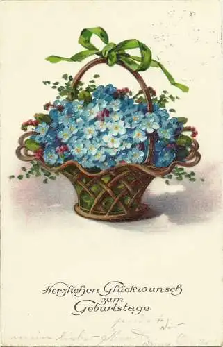 [Glückwunschkarte] AK Geburtstag Korb mit Vergissmeinnicht Farblitho 1937. 