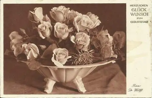 [Glückwunschkarte] AK Geburtstag Rosen in Vase Monotinta M&B 1931. 