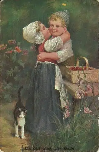 [Echtfotokarte farbig] AK Kinder Katze Kirschen Susemihl color 1925. 