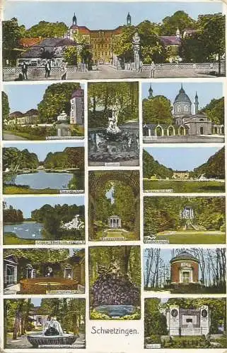 [Echtfotokarte farbig] AK Schwetzingen 14 Ansichten - Multibild mit Schloss color ca. 1920. 