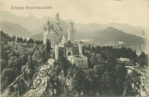 [Echtfotokarte schwarz/weiß] AK Schloss Neuschwanstein Ludwig II. 1907 Bahnpost. 