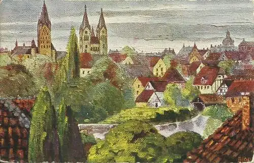 [Künstlerpostkarte reproduziert] AK Paderborn Ortsansicht Künstler color 1914. 