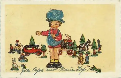 [Echtfotokarte farbig] AK Kind mit Spielsachen aus Holz color 1931. 