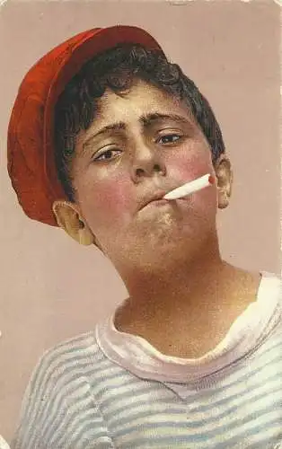 [Echtfotokarte farbig] AK Volkstypen Neapel Junge Raucher mit Zigarette color 1932. 