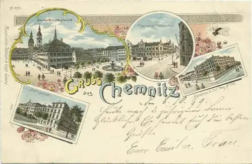 [Lithographie] AK Chemnitz Mehrbild-Farblitho mit Kaserne + Post 1899 [07]. 