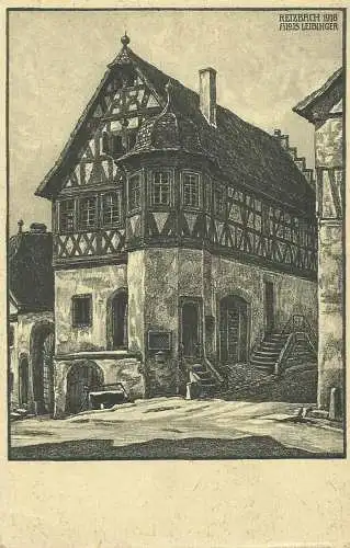 [Künstlerpostkarte reproduziert] AK Zellingen OT Retzbach Rathaus Zeichnung Leibinger 1918. 