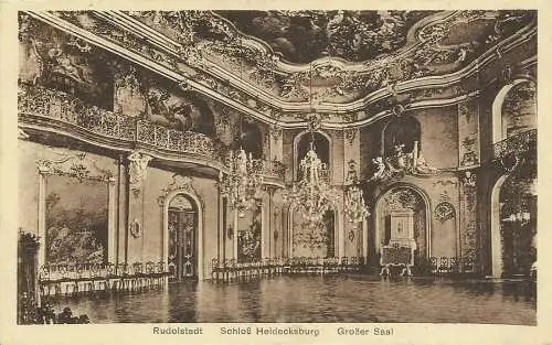 [Echtfotokarte schwarz/weiß] 2 AKs Rudolstadt Schloss Heidecksburg Gr. Saal + Japan. Zimmer 1928. 