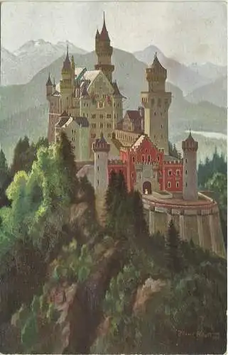 [Künstlerpostkarte reproduziert] AK Schloss Neuschwanstein bei Füssen Künstler Klatt 1921. 