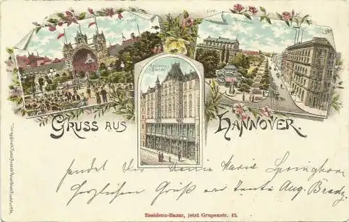 [Lithographie] AK Hannover Mehrbild-Farblitho Residenz-Bazar 1899. 