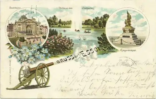 [Lithographie] AK Essen Mehrbild-Farblitho + Gruß-Kanone 1899. 