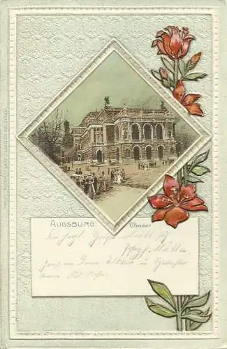 [Lithographie] AK Augsburg Stadttheater Präge-Farblitho 1906. 