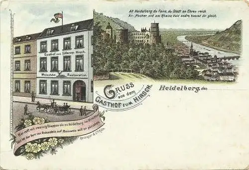 [Lithographie] Zweibild-Farblitho Heidelberg Gasthof Hirsch + Ortsansicht ~1900. 