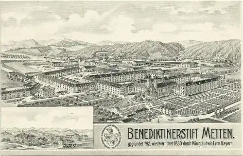 [Künstlerpostkarte reproduziert] AK Metten Deggendorf Zweibild Kloster Ort Zug Künstler 1924. 