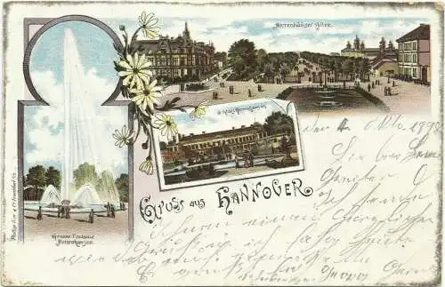 [Lithographie] AK Hannover Mehrbild-Farblitho 3 Ansichten Herrenhausen 1898 H.-Hainholz. 