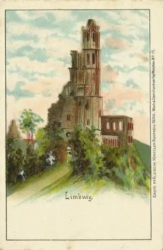 [Künstlerpostkarte reproduziert] AK Bad Dürkheim Ruine Limburg Künstler-Farblitho ~1900. 