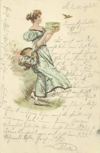 [Lithographie] AK Modische junge Frau mit Vogelkäfig Farblitho 1901. 
