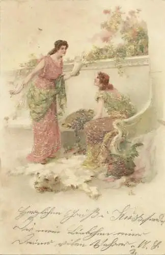 [Lithographie] AK 2 junge modische Frauen + Eisbärfell - Farblitho + Glitter 1900. 