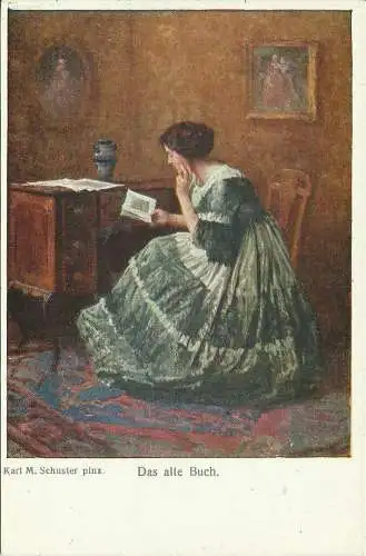 [Künstlerpostkarte reproduziert] AK Lesende Frau "Das alte Buch" - Künstler K. M. Schuster color ~1920. 