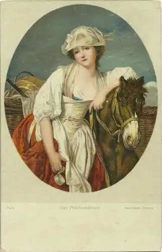 [Künstlerpostkarte reproduziert] AK Junge modische Frau mit Pferd "Milchmädchen"  Künstler J. B. Greuze ~1918. 