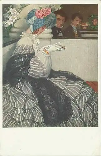 [Künstlerpostkarte reproduziert] AK Frau in chicer Kleidung mit Buch - Künstler - M. Munk - color ~1910/1927. 
