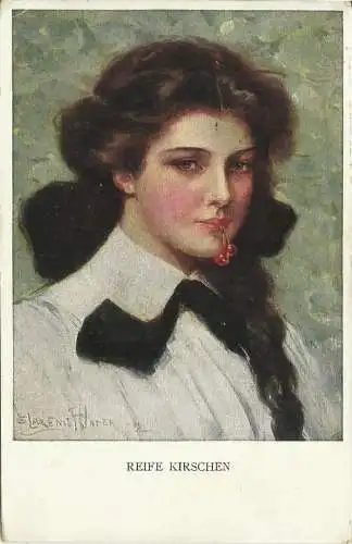 [Künstlerpostkarte reproduziert] AK Elegante Frau "Reife Kirschen" Künstler C. Underwood M. Munk 1916. 