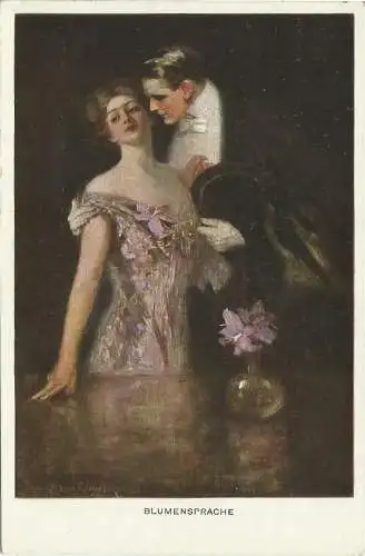 [Künstlerpostkarte reproduziert] AK Elegantes Liebespaar "Blumensprache" Künstler C. Underwood M. Munk ~1910. 