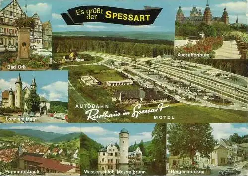 [Echtfotokarte farbig] AK Autobahn Rasthaus Spessart Weibersbrunn Farbfoto 1975. 
