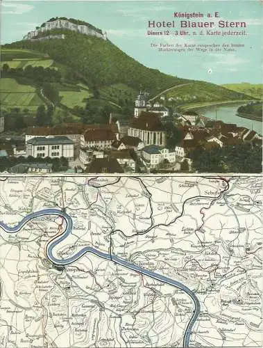 [Klappkarte] Doppel- / Klapp-AK Königstein Elbe Hotel Blauer Stern + Landkarte color  ~1910/20. 