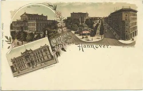 [Lithographie] AK Hannover Mehrbild-Farblitho Theater Georgstraße Ständehaus ~1900. 