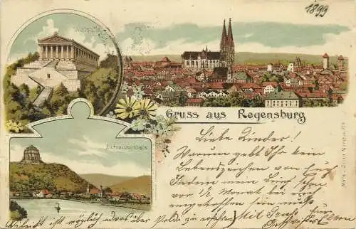 [Lithographie] AK Regensburg Ortsansicht Walhalla Befreiungshalle Farblitho 1899. 