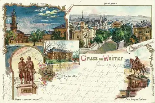 [Lithographie] AK Weimar Mehrbild-Farblitho 5 Ansichten 1902. 