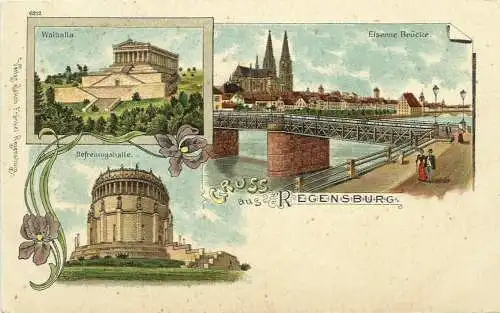 [Lithographie] AK Regensburg Walhalla Brücke Befreiungshalle Farblitho 1900. 