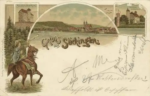 [Lithographie] AK Bad Säckingen Trompeter Farblitho 1899 Bahnpost. 