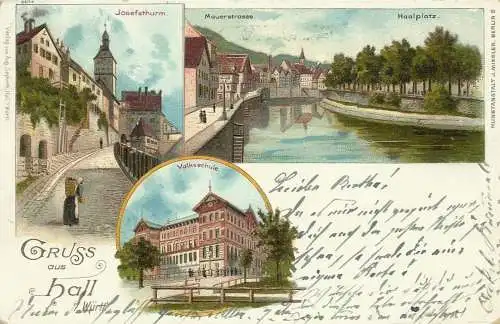 [Lithographie] AK Schwäbisch Hall Mehrbild-Farblitho Volksschule Josefsturm Mauerstrasse 1899. 