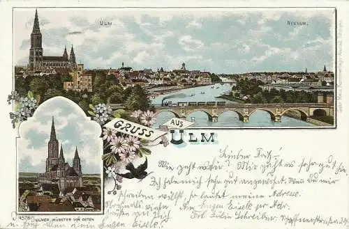 [Lithographie] AK Ulm + Neu-Ulm Mehrbild-Farblitho 1900. 