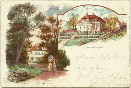 [Lithographie] AK Ansbach Hofgarten & Prinzenschlösschen Farblitho Zinn 1899. 