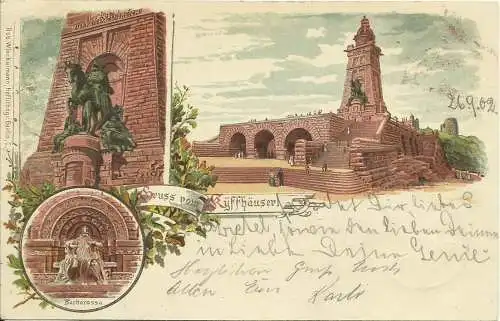 [Lithographie] AK Kyffhäuser / Bad Frankenhausen Ks-Wilhelm Barbarossa Mehrbild-Farblitho 1902. 