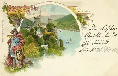 [Lithographie] AK Burg Rheinstein Bingen Ritter in Rüstung Farblitho 1898. 