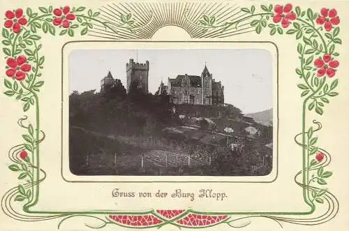 [Lithographie] AK Bingen Burg Klopp Jugendstil-Zierrahmen Gold- + Prägedruck ~1900. 
