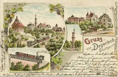[Lithographie] AK Stuttgart Degerloch Mehrbild-Farblitho mit Eisenbahn 1905. 
