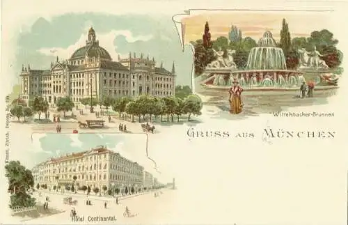 [Lithographie] Farblitho-AK München Mehrbild mit Justizpalast + Continental-Hotel 1900. 